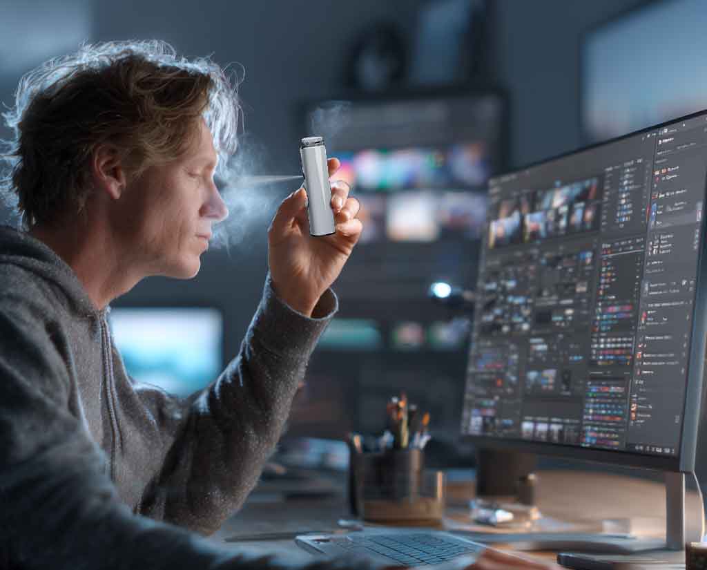A-modern-gaming-setup-with-a-eye-spray-for-Computer-Vision-Syndrome-расположенный рядом-с-монитором